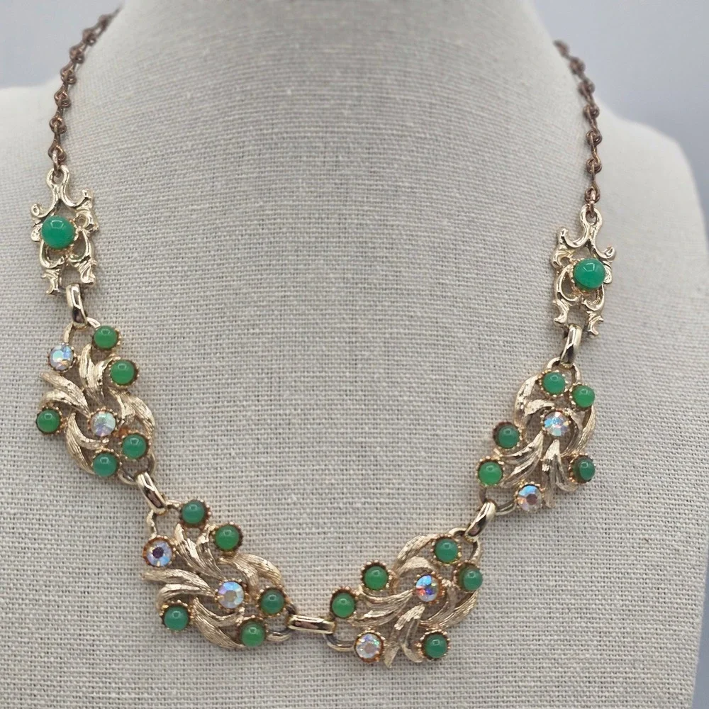 Vintage Necklace Gold Tone Green with Aurora Borealis Rhinestones